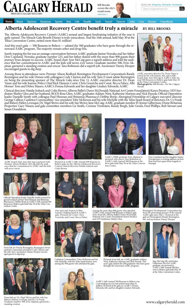 Calgary Herald AARC Gala Benefit Dinner Article