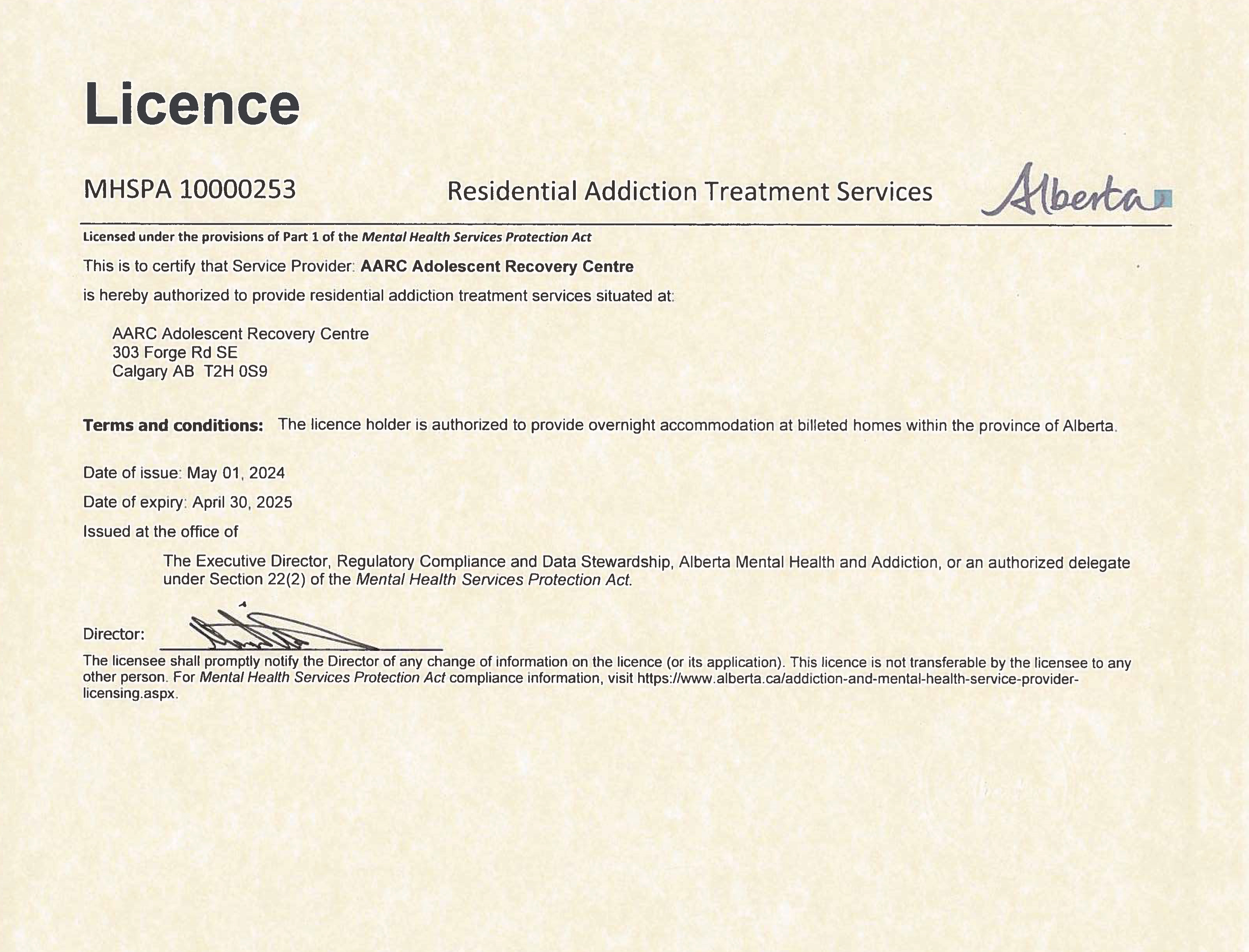 AARC Adolescent Recovery Centre Licence